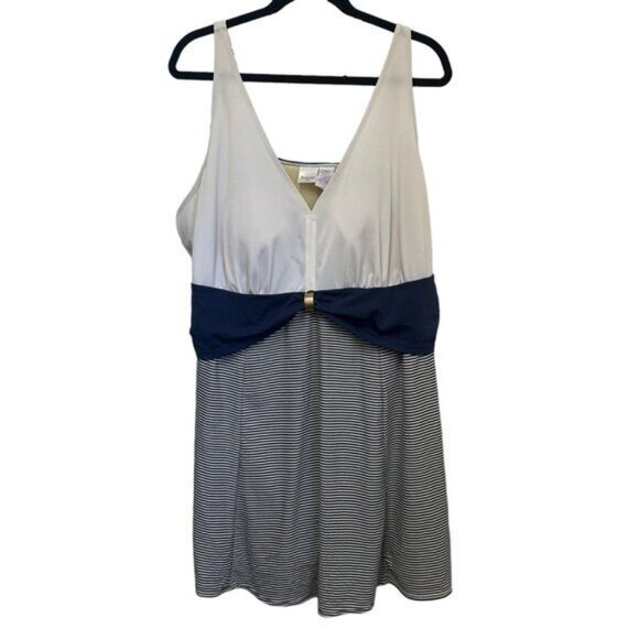 Roaman's 26W Swim Dress Nautical Sailor One Piece Bathing Suit Blue Stripe Plus - Picture 1 of 8